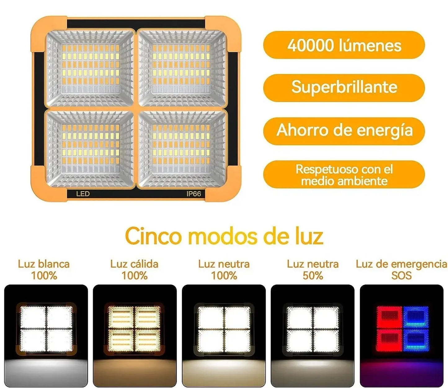 Reflector Solar LED 800W Portátil + Powerbank Impermeable